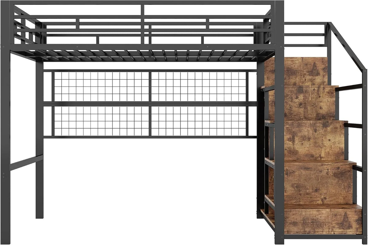 Cama alta (140 x 200 cm), estrutura de ferro, armário, escada com compartimentos, grade para pendurar objetos, espaço livre embaixo da cama, luzes LED de 7 cores, sem colchão, cor preta