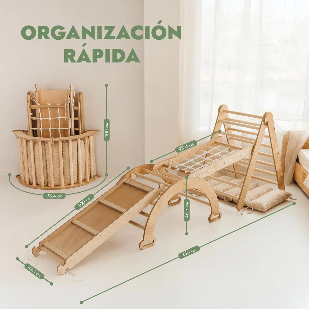 Conjunto de Escalada Montessori 5 em 1 para Crianças - Ginásio de Escalada de Madeira com Escada Triângulo, Arco, Rampa de Escalada, Rede e Almofada - Ginásio de Madeira para Crianças