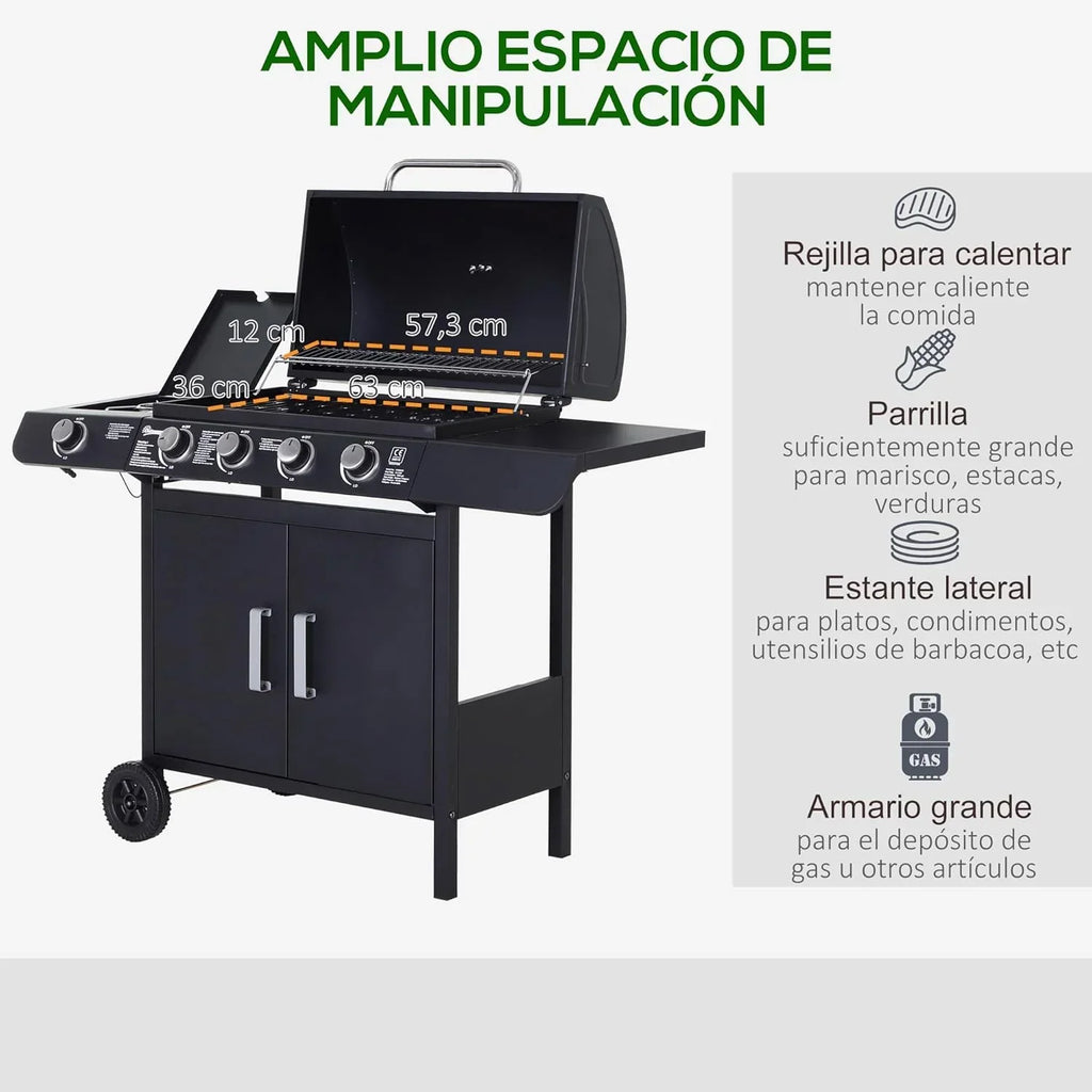 Churrasqueira a Gás Outsunny com 4+1 Queimadores 14,4 KW Mesas Laterais Armário de Armazenamento Termômetro e 2 Rodas Churrasco de Aço Inoxidável 125 x 51 x 100 cm Preto