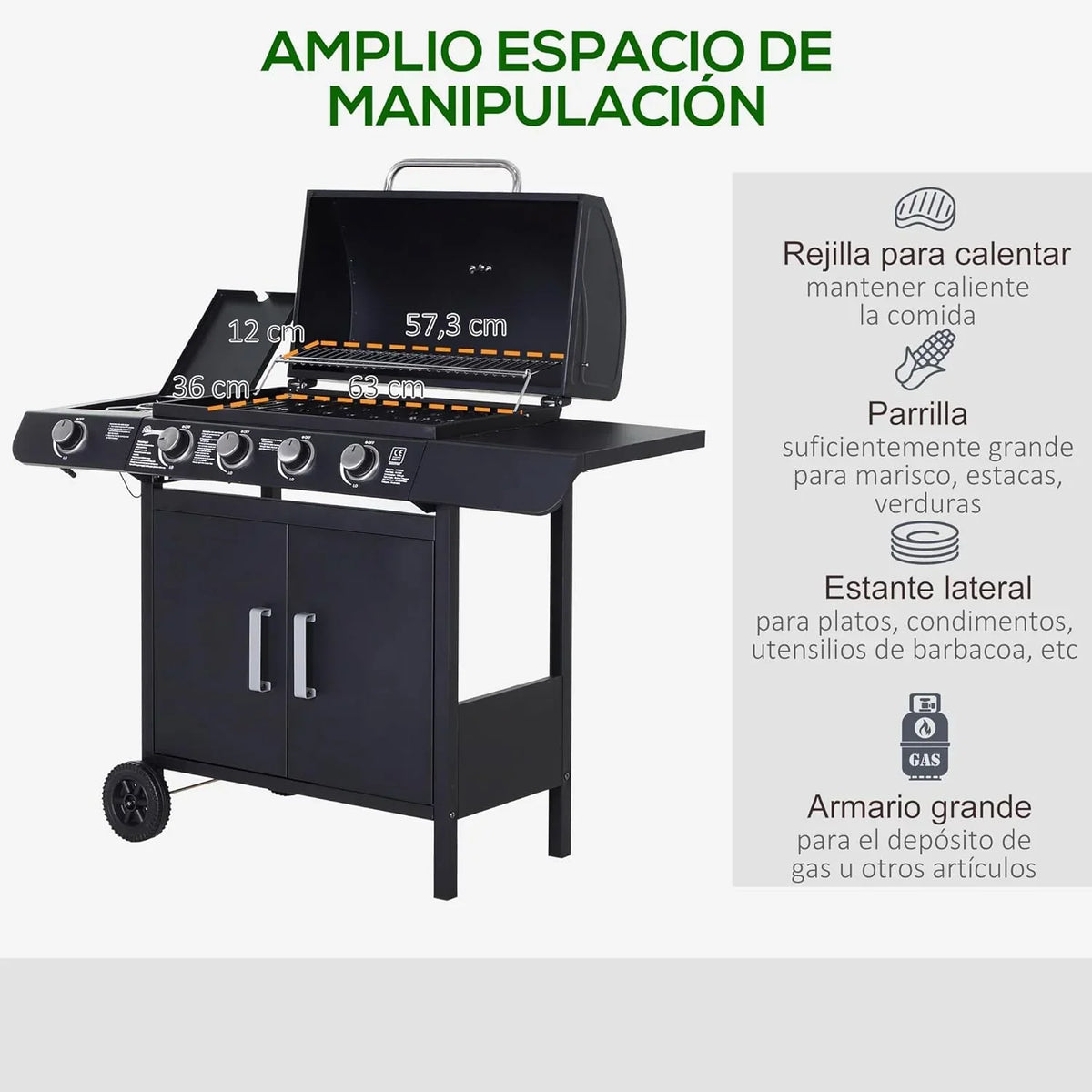 Churrasqueira a Gás Outsunny com 4+1 Queimadores 14,4 KW Mesas Laterais Armário de Armazenamento Termômetro e 2 Rodas Churrasco de Aço Inoxidável 125 x 51 x 100 cm Preto
