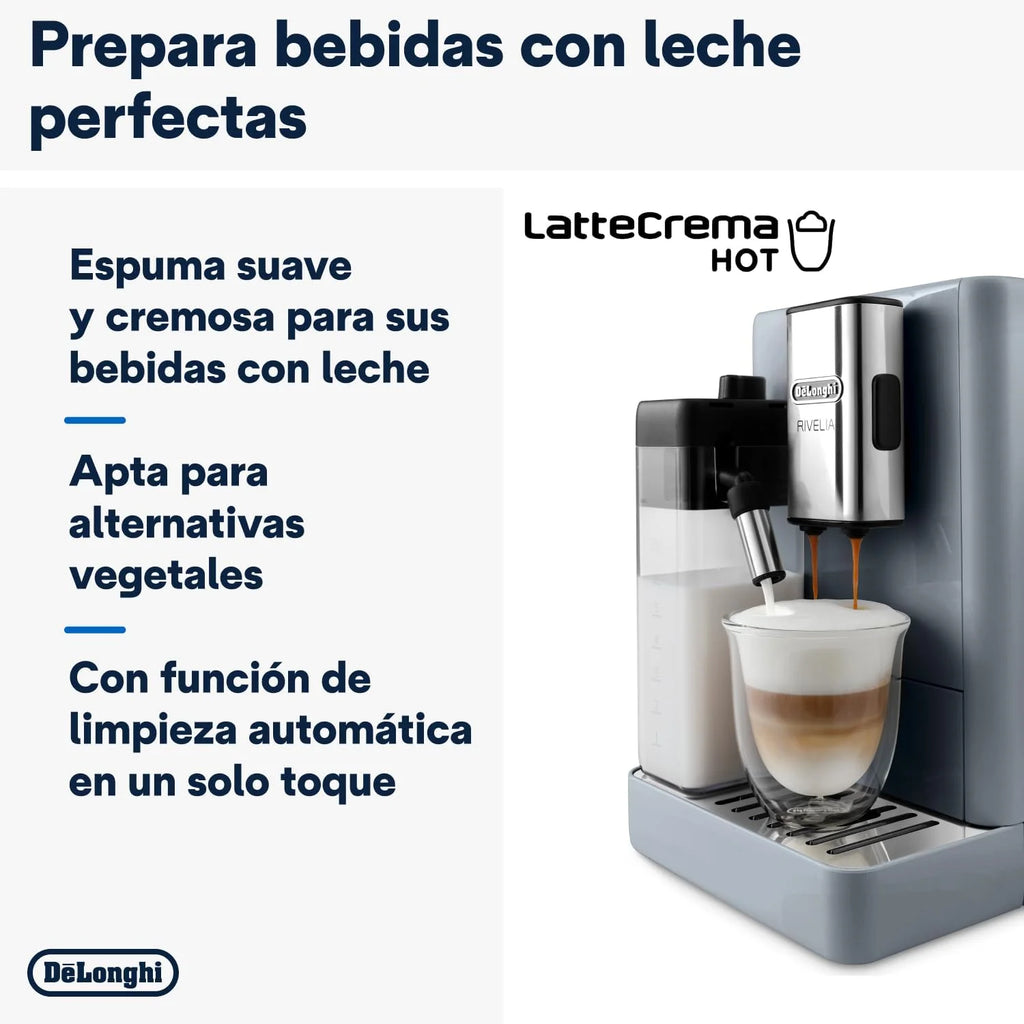 De'Longhi Rivelia EXAM440.55.G, Cafeteira Superautomática com LatteCrema Hot, Espumador de Leite Automático, Tamanho Compacto, 16 Receitas, Ecrã Tátil a Cores, Cinzento