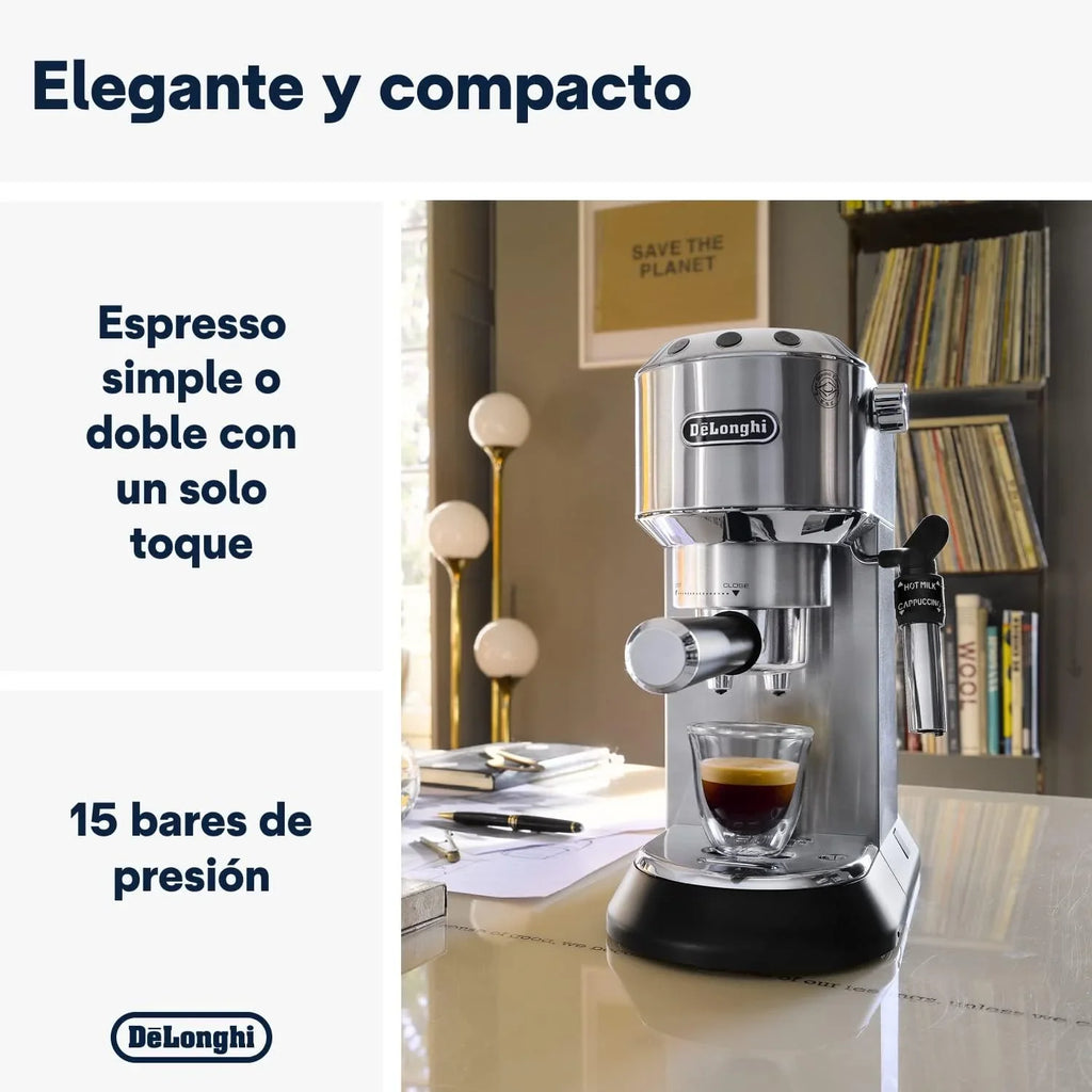 De'Longhi Dedica – Cafeteira de Bomba em Aço Inoxidável para Café Moído ou Saquetas, Espresso e Cappuccino, Reservatório de 1.3 Litros, Sistema Anti-pingo, Modelo EC685.M, Cor Metal