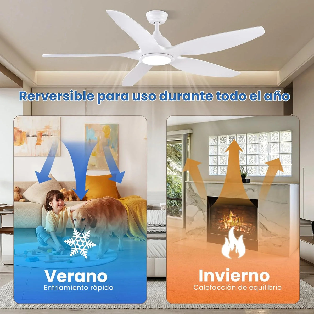 Newday 153cm Grande Ventilador de Teto Branco com Luz e Controle Remoto, LED Dimmer, Motor DC Reversível para Uso no Verão e Inverno, 5 Pás Silencioso para Quarto Sala de Estar e Varanda