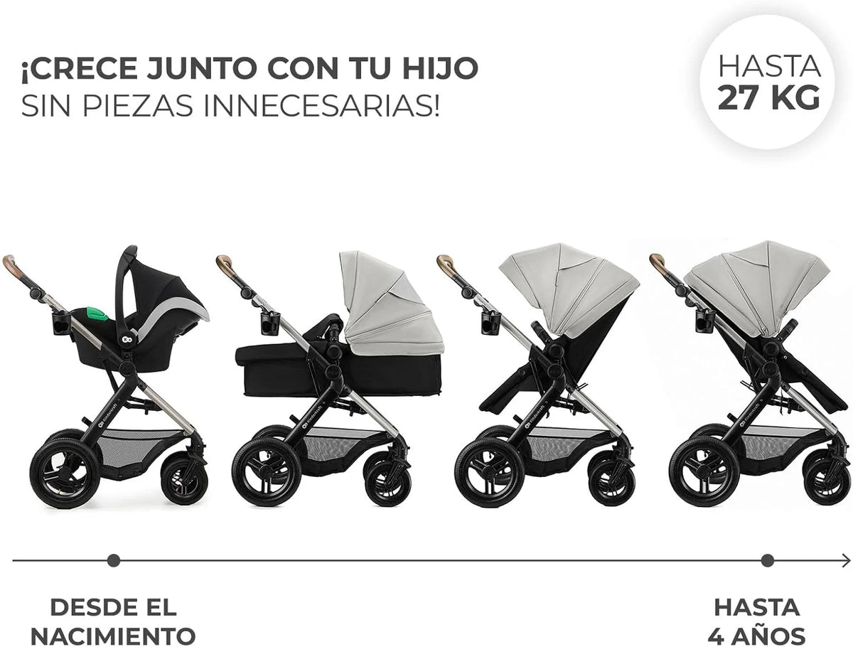 Kinderkraft MOOV XL 3 em 1, Carrinho de Bebê até 27 kg, com Cadeira Auto I-SIZE 40-75 cm, Dobrável, Amortecido, Conversível, Alcofa XL, Com acessórios, Cinza Claro