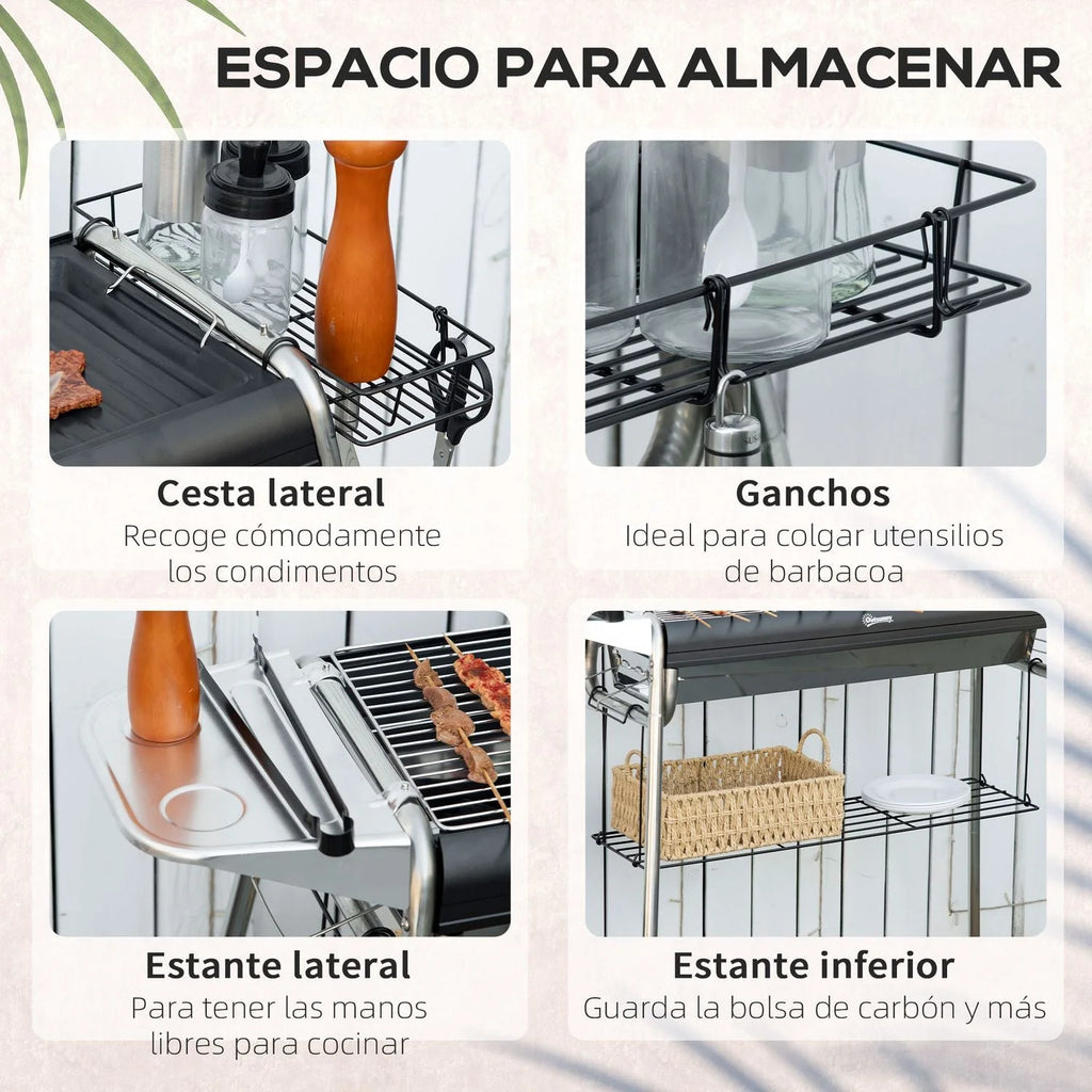 Churrasqueira a Carvão Outsunny Aço Inoxidável Metal 96x61x72 cm Preto