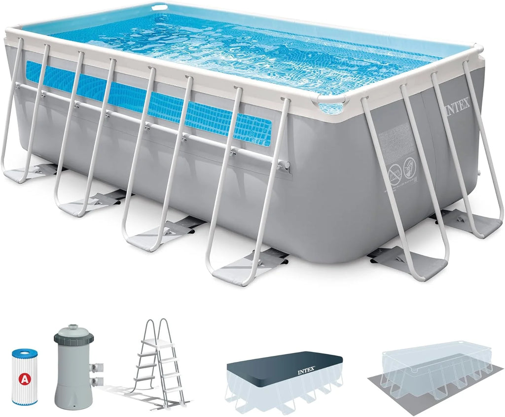 Piscina Retangular Desmontável Prism Frame Intex, 400x200x122 cm, Material de Camada Tripla, Capacidade 8.418 L, Janela Panorâmica, Forro, Cobertura, Filtro de Cartucho, Escada (56029)