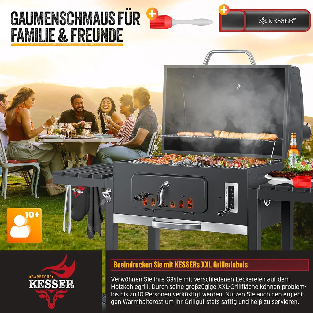 KESSER® Churrasqueira a Carvão com Carrinho Grelhador com Tampa, Rodas, Puxador em Aço Inoxidável | Grelhador e Termómetro a Carvão Grande BBQ Assador Acampamento, Terraço, Jardim XXL Cinza