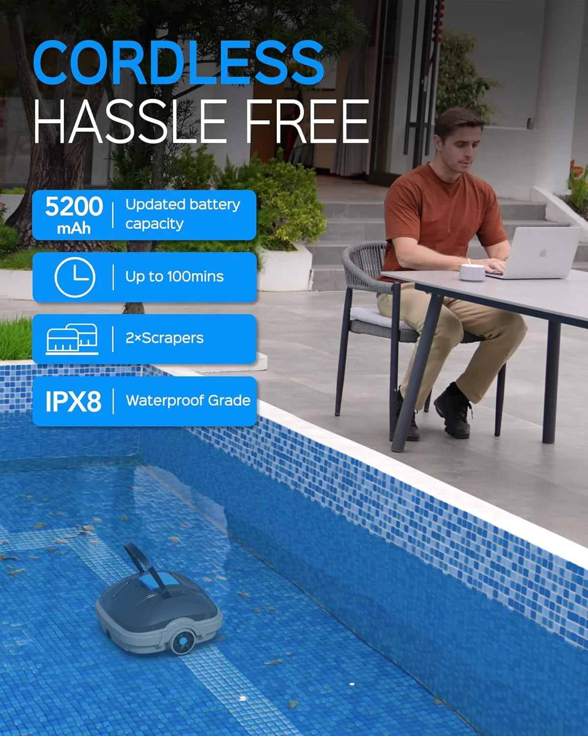 Robô Aspirador de Piscina Elétrico Sem Fio para Piscinas de Até 80m², 100 Minutos, Dupla Filtragem e Estacionamento Automático, Robô Aspirador de Piscina com Motores de Dupla Tração