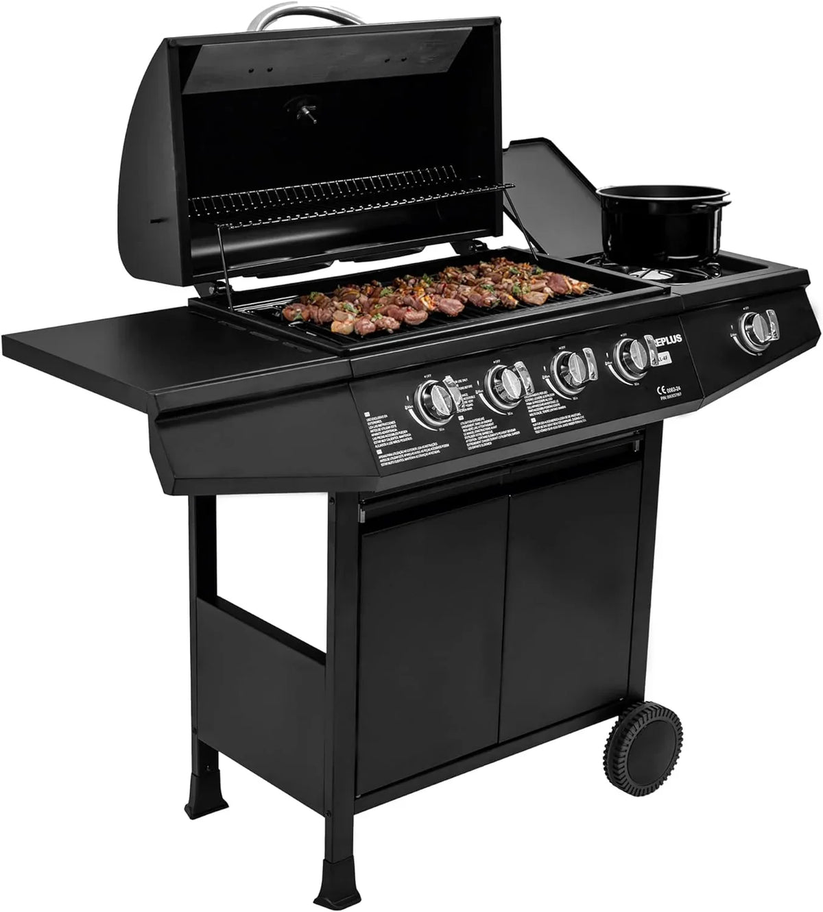 Amig - Churrasqueira a gás Fireplus 3+1 8,4 kW - Aço inoxidável preto - Grill com rodas Modelo GRILL-3F - Churrasqueira XXL com carrinho e termómetro - 117x52x103cm - 4 queimadores e bandeja lateral