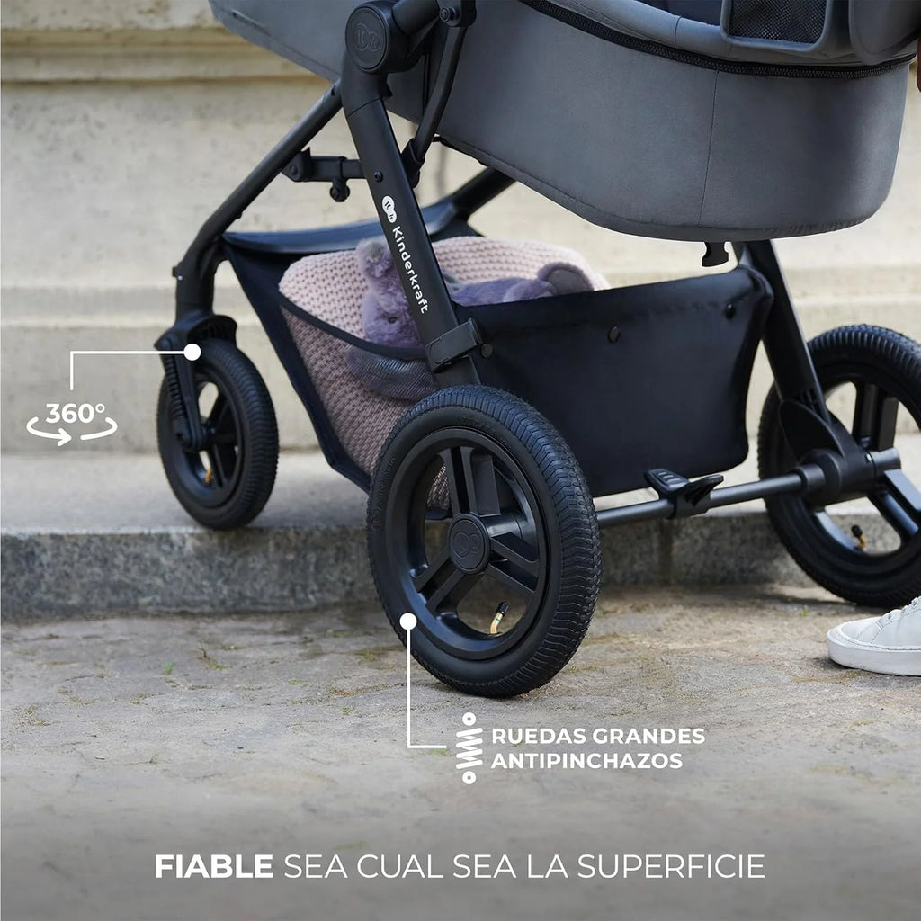 Kinderkraft MOOV XL 3 em 1, Carrinho de Bebê até 27 kg, com Cadeira Auto I-SIZE 40-75 cm, Dobrável, Amortecido, Conversível, Alcofa XL, Com acessórios, Cinza Claro