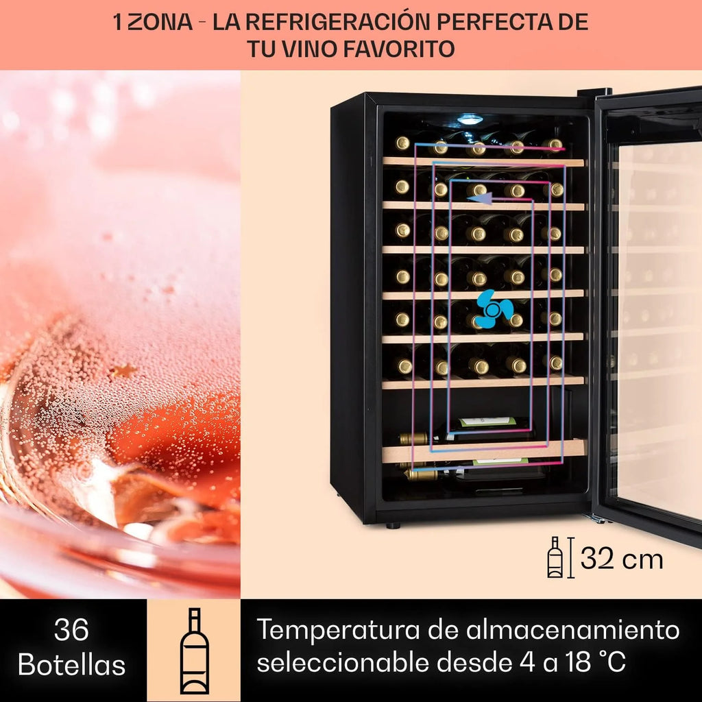Klarstein Vinoteca 36 Garrafas, Frigorífico de Vinhos, Zona Única de Refrigeração, Frigorífico Expositor de Vinhos e Cervejas, Vinoteca para Interiores e Exteriores com Porta de Vidro, Frigorífico de Vinhos com Proteção UV, 4-18°C
