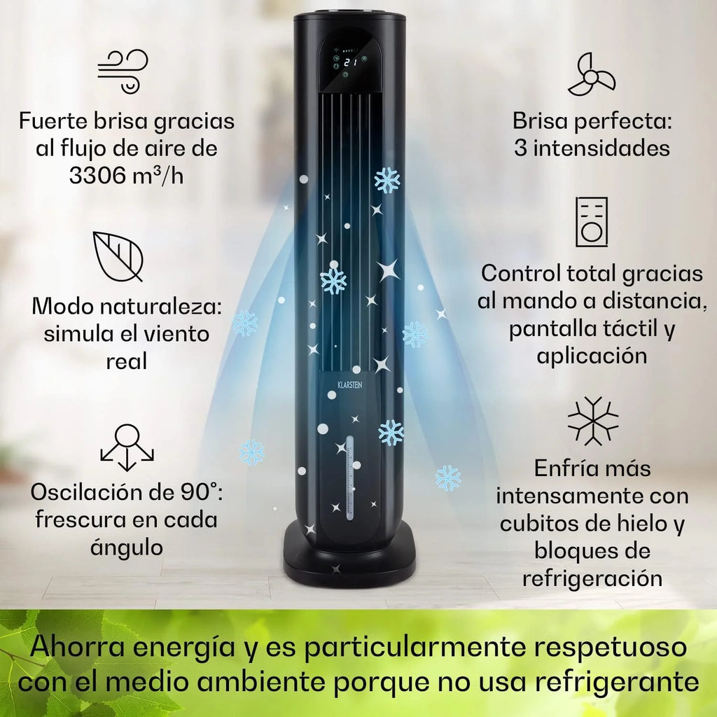 KLARSTEIN Polar Tower Smart Climatizador Evaporativo – 4 em 1: Ventilador, Umidificador e Purificador, Controle por App e Alexa, Tanque de 7L, 3.306 m³/h, Modo Noturno, Portátil com Rodas, Preto