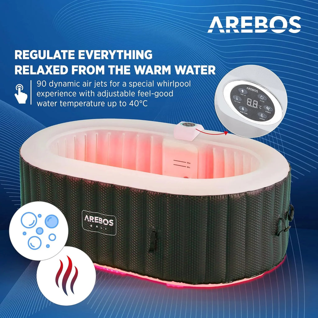 Banheira de Hidromassagem Arebos com iluminação LED | SPA Inflável | Interno e Externo | 190x120 cm Oval | 2 Pessoas | 90 jatos de Massagem | Aquecida | 550 Litros | Inclui Cobertura