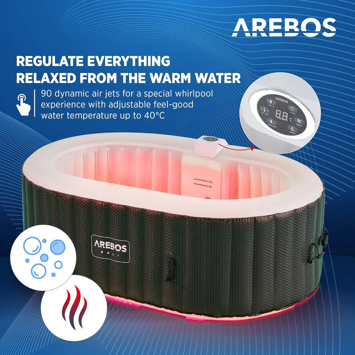 Banheira de Hidromassagem Arebos com iluminação LED | SPA Inflável | Interno e Externo | 190x120 cm Oval | 2 Pessoas | 90 jatos de Massagem | Aquecida | 550 Litros | Inclui Cobertura