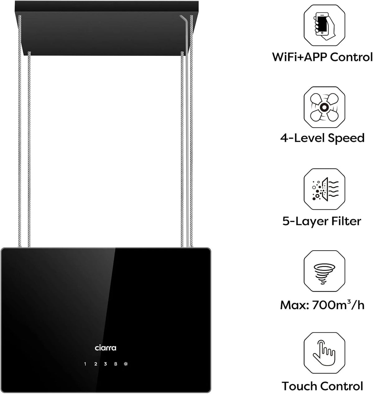 CIARRA CBCB4850 Coifa de Ilha sem Duto Classe A+++ 48cm 700m³/h WiFi e Controle de Toque Filtro de Carvão Incluído 4 Velocidades 2 Luzes LED Preto