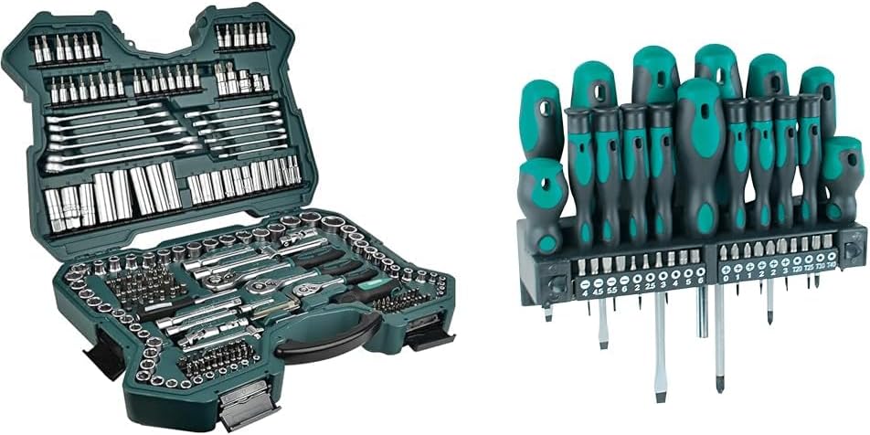 Mannesmann M98430 - Maleta de soquetes e outras ferramentas (215 peças, tamanho: 12x36x51 cm), Cor Verde Mannesmann