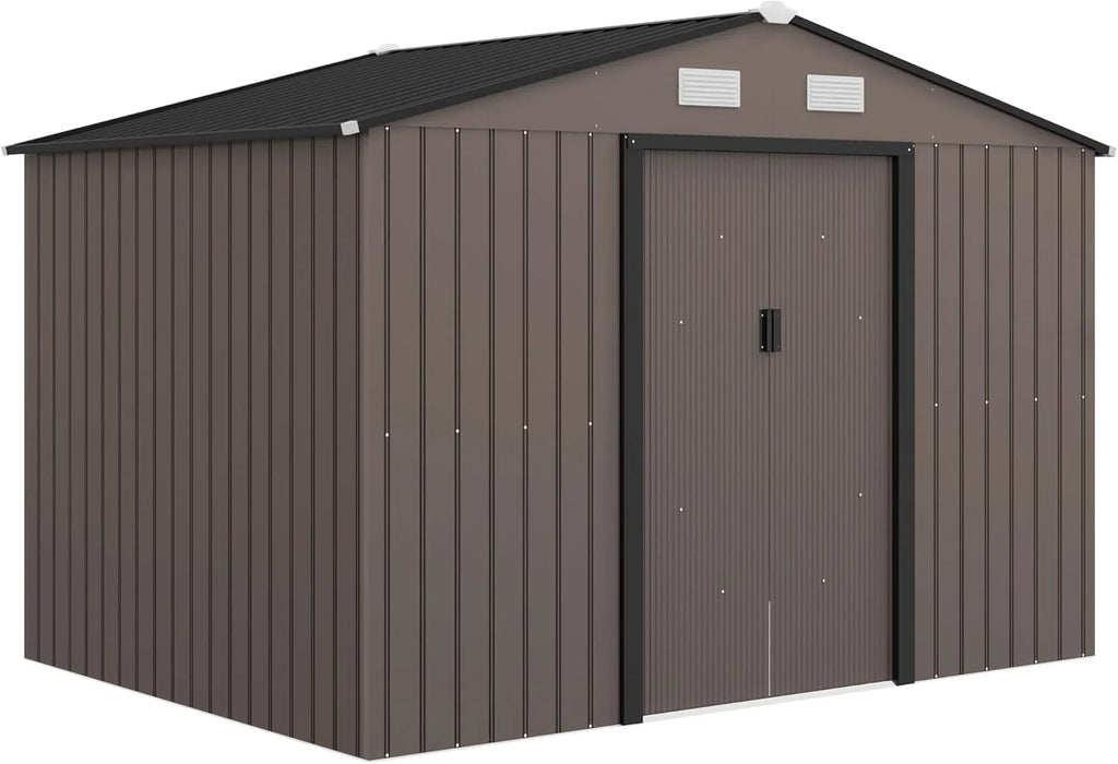 Outsunny Abrigo de Jardim Exterior, 5 m² 277x195x192 cm, Abrigo de Jardim Exterior Metálico com 2 Portas Deslizantes, Base de Reforço (Chão NÃO Incluído) e 4 Janelas, Castanho
