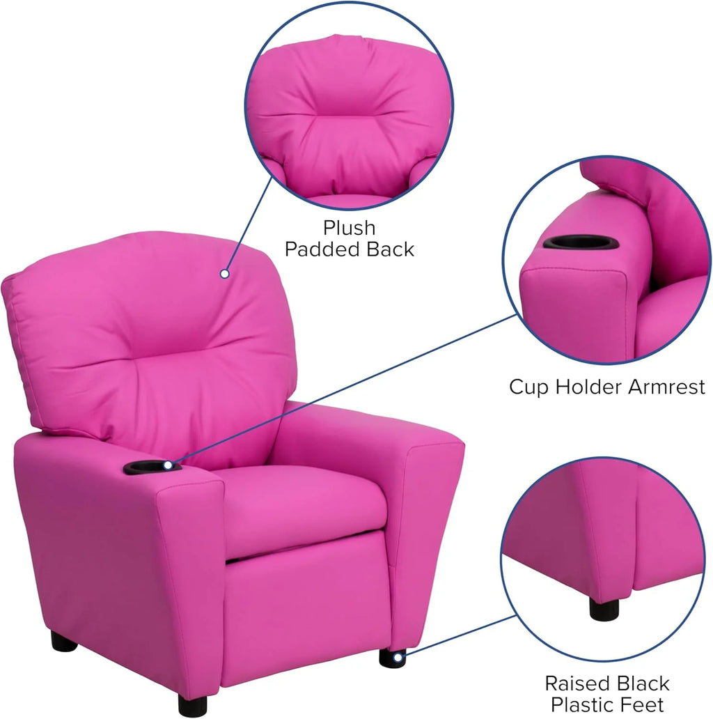 Poltrona Reclinável Infantil Contemporânea Flash Furniture com Porta-Copos, Madeira, Vinil Bege, 66,04 x 53,34 x 53,34 cm