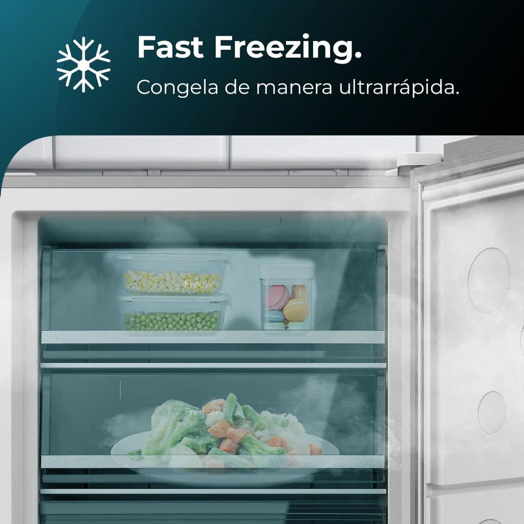 Cecotec Congelador Vertical de 380L Bolero CoolMarket UF 380 Inox D. 1950W, Motor Inverter Plus, Baixo Consumo, Total No Frost, Display na porta, Conversível em frigorífico, Multi Airflow