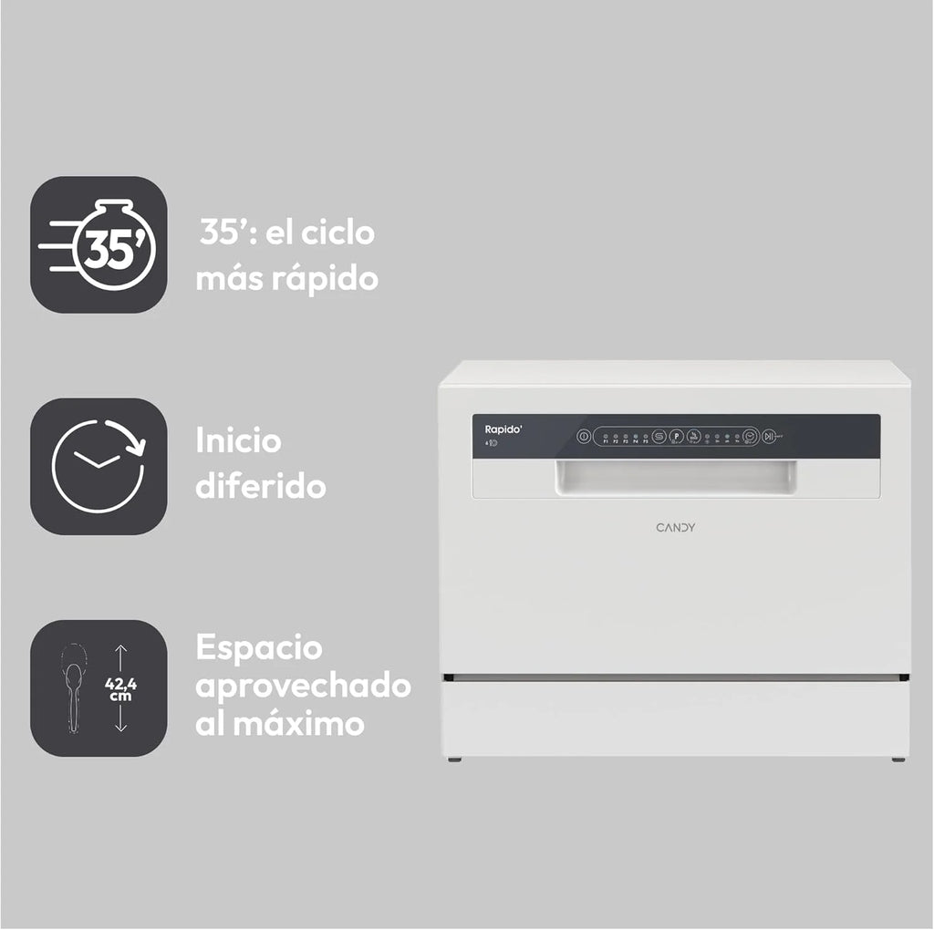 Candy CP 6E51LW Lava-Louças Pequena e Compacta, 6 Serviços, Digital, 51DBA, 5 Ciclos, Meia Carga, Início Diferido 3-6-9 horas, Indicador de Sal e Abrilhantador, Indicador de Fim de Ciclo, Branco