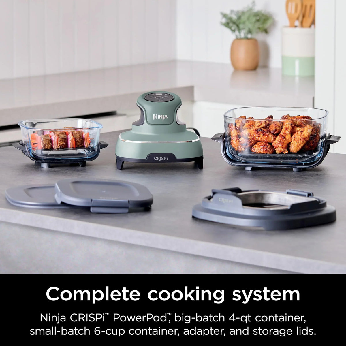 2026 Fritadeira de Ar Quente Ninja Crispi, Compatível com Micro-ondas, Freezer e Lava-louças, Sistema de Cozinha Portátil em Vidro Não Tóxico, Recipiente de Vidro de 1,5L com 6 Copos e Tampas