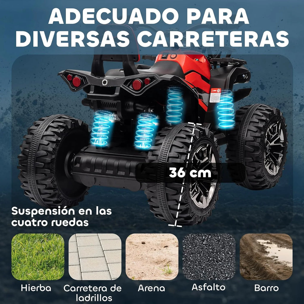 HOMCOM Quad Elétrico 12V para Crianças +3 Anos com 2 Motores Faróis Música Pneus de Suspensão Botões de Avanço e Retrocesso Veículo Elétrico a Bateria 100x65x73 cm Vermelho