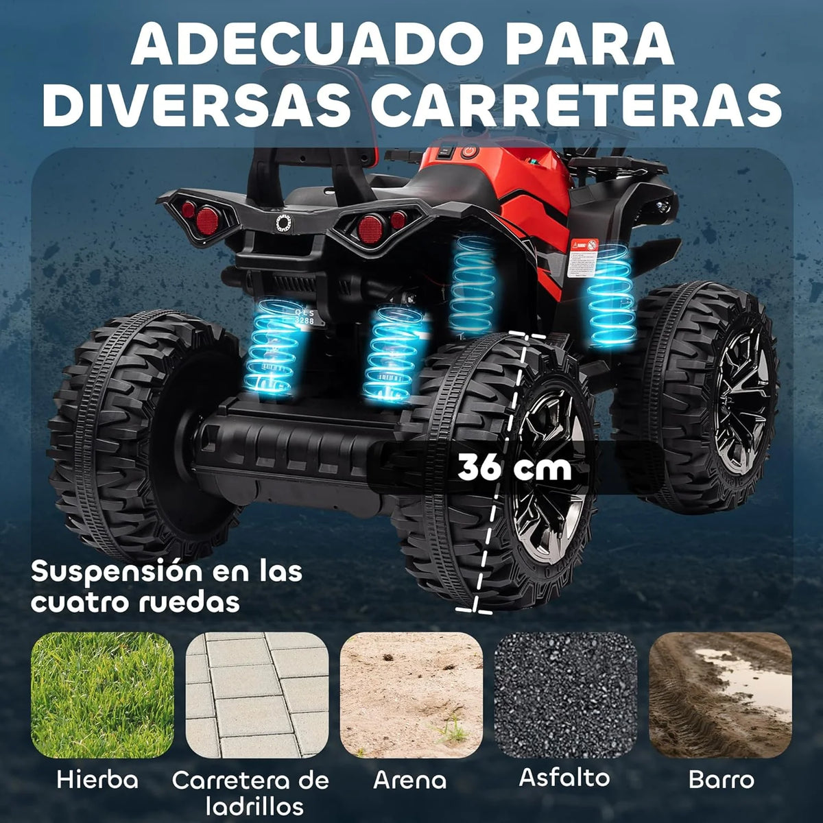 HOMCOM Quad Elétrico 12V para Crianças +3 Anos com 2 Motores Faróis Música Pneus de Suspensão Botões de Avanço e Retrocesso Veículo Elétrico a Bateria 100x65x73 cm Vermelho
