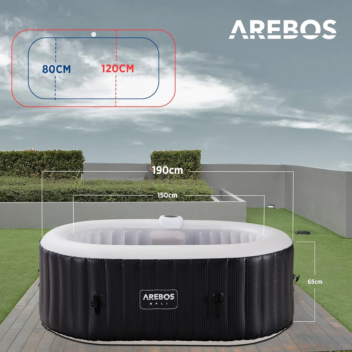 Banheira de Hidromassagem Arebos com iluminação LED | SPA Inflável | Interno e Externo | 190x120 cm Oval | 2 Pessoas | 90 jatos de Massagem | Aquecida | 550 Litros | Inclui Cobertura