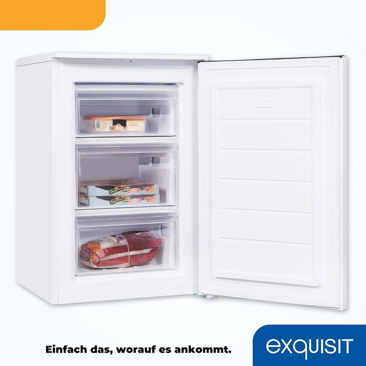 Congelador vertical Exquisit, 87L, 4 estrelas, classe D, cor branca, 3 gavetas, degelo manual, termostato ajustável, porta reversível, 40 dB, consumo 132 kWh/ano, 85,5x54,5x58 cm