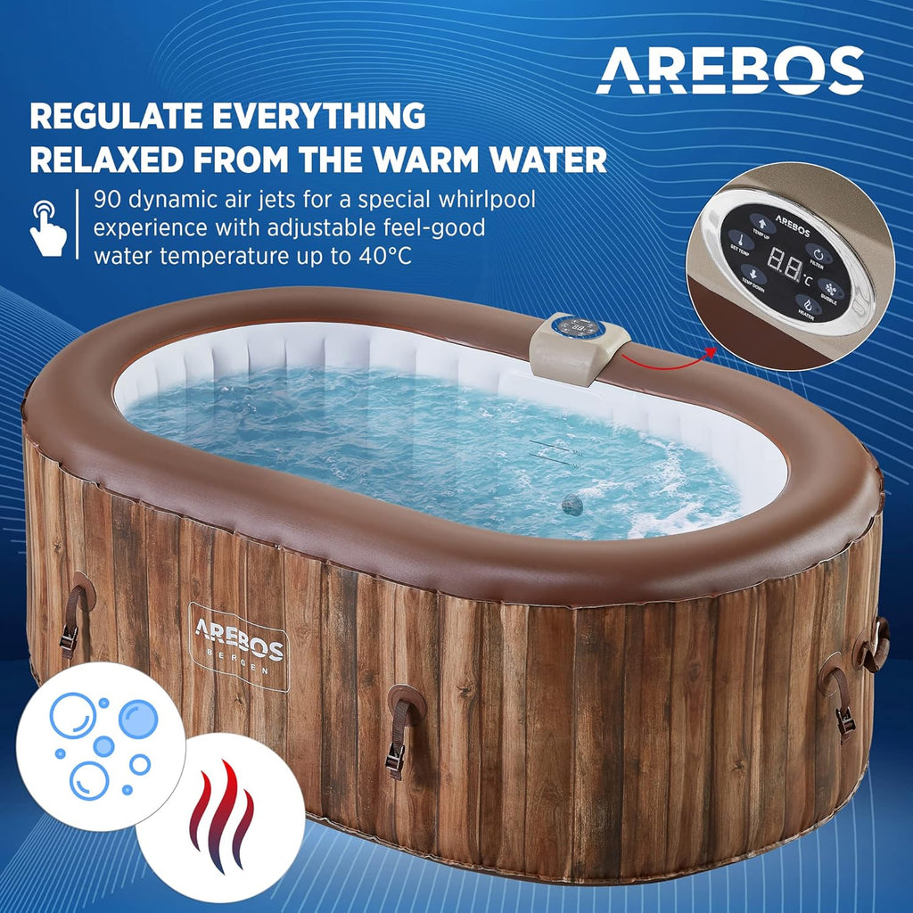 Arebos Whirlpool | SPA Inflável | Interno e Externo | 190x120 cm Ovalado | 2 Pessoas | 90 Jatos de Massagem | Aquecido | 550 Litros | Incl. Cobertura | Massagem Bubble SPA & Wellness