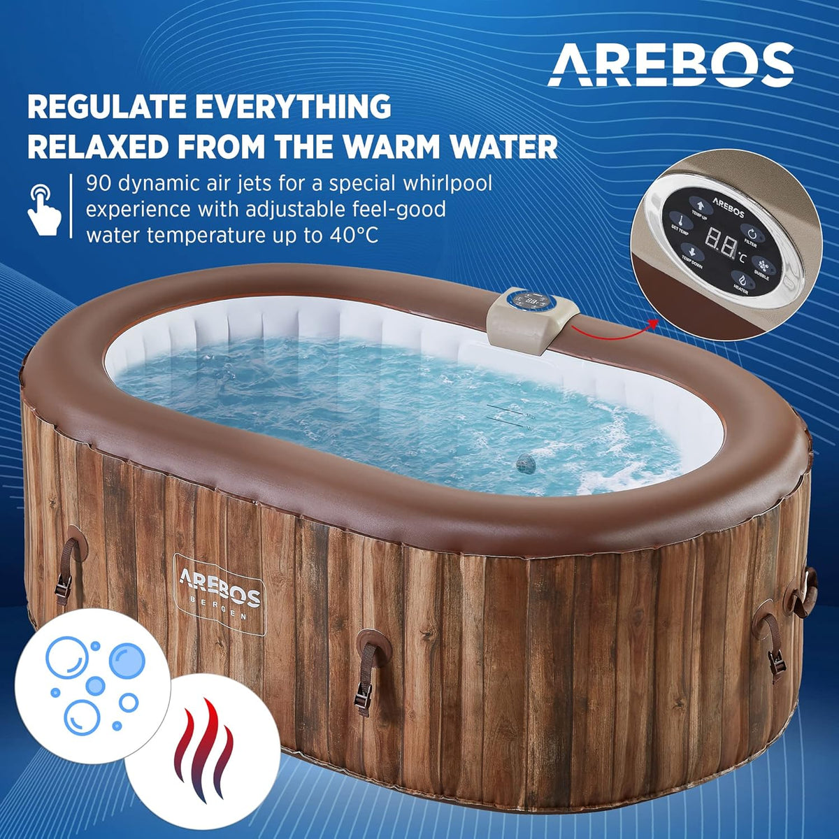 Arebos Whirlpool | SPA Inflável | Interno e Externo | 190x120 cm Ovalado | 2 Pessoas | 90 Jatos de Massagem | Aquecido | 550 Litros | Incl. Cobertura | Massagem Bubble SPA & Wellness