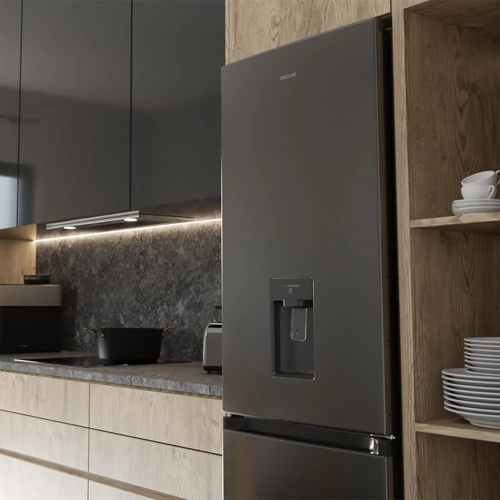 Cecotec Frigorífico Combinado 2 Portas com Dispensador de Água Bolero CoolMarket Combi 296 DF WD Dark E. 296L, 60cm de largura, Funções FastCooling, FastFreezing e DeFrost, LED interior, Inox Escuro