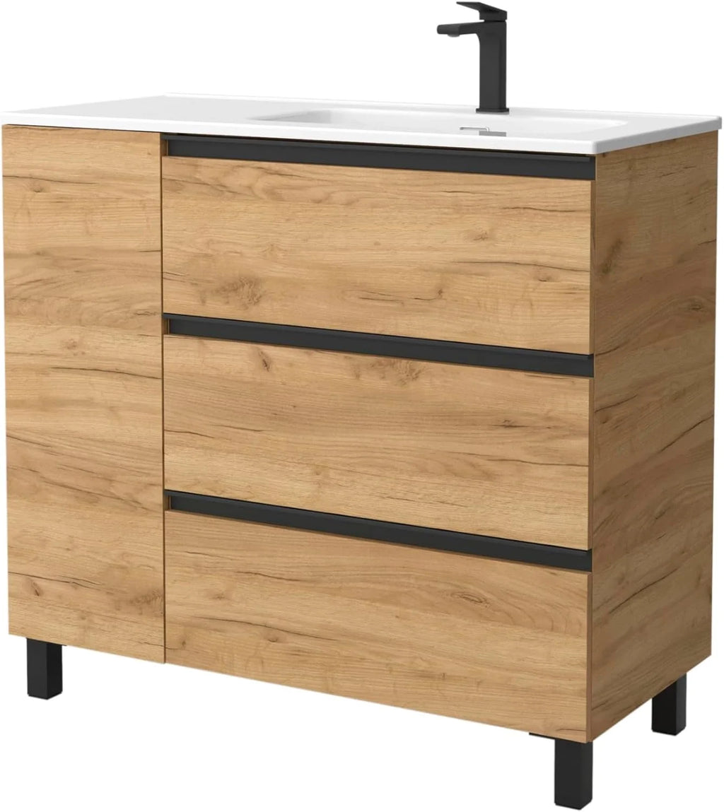 Móvel de Banheiro BEQUIA Plus Metal 3C 90cm Carvalho | Lavatório Porcelana Torneira Direita