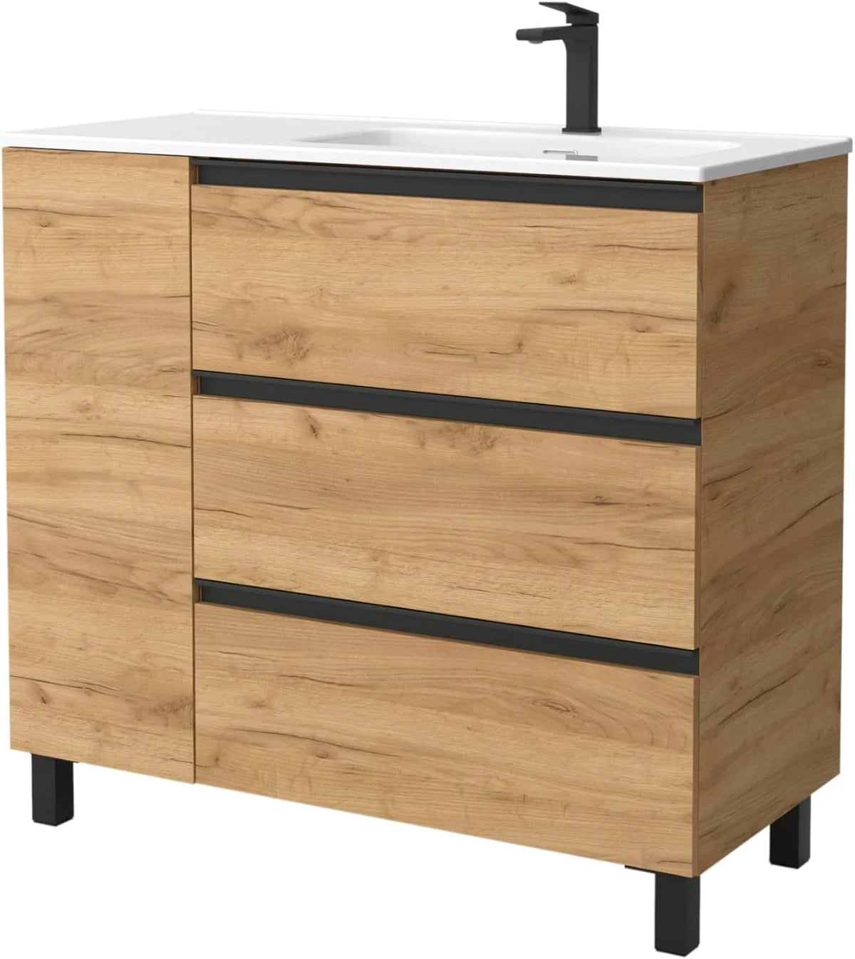 Móvel de Banheiro BEQUIA Plus Metal 3C 90cm Carvalho | Lavatório Porcelana Torneira Direita