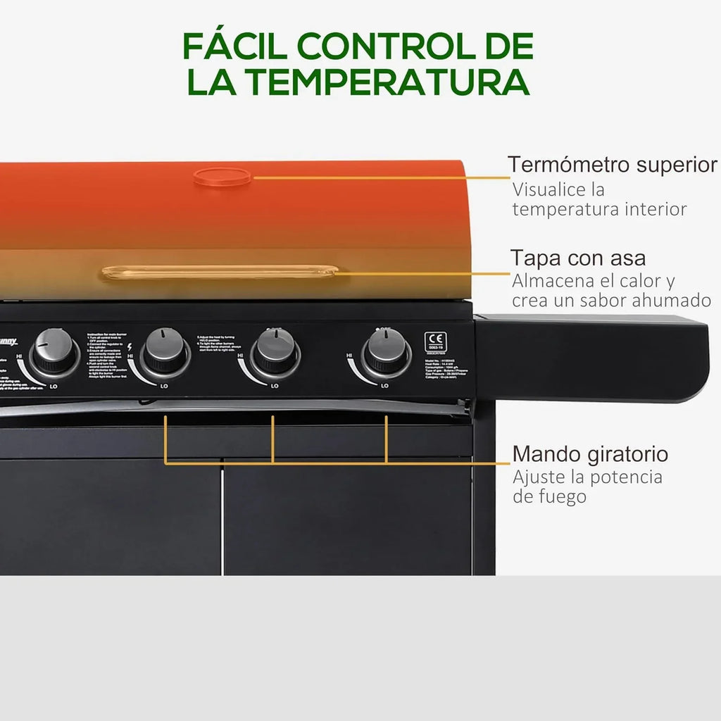 Churrasqueira a Gás Outsunny com 4+1 Queimadores 14,4 KW Mesas Laterais Armário de Armazenamento Termômetro e 2 Rodas Churrasco de Aço Inoxidável 125 x 51 x 100 cm Preto