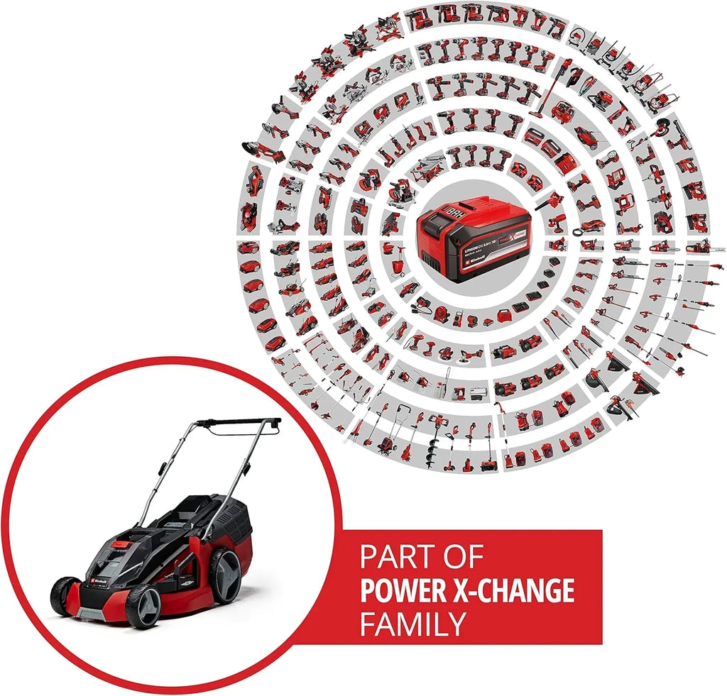 Cortador de grama a bateria Einhell GE-CM 43 Li M Kit Power X-Change (36V, 43 cm de largura de corte, até 600 m², sem escovas, função mulching, saco coletor de 63L, com 2 baterias de 4,0 Ah e 2 carregadores)