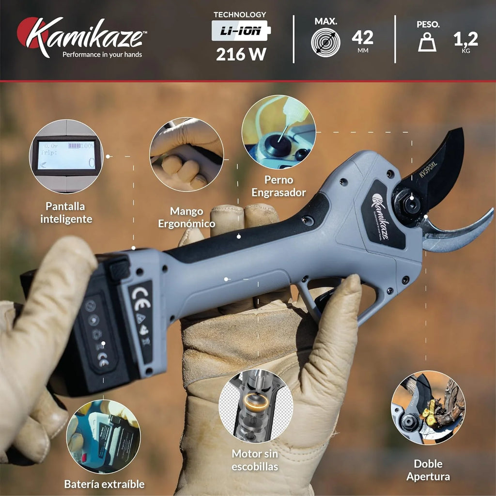 KAMIKAZE KV390 Tesoura de Poda Elétrica Profissional com Bateria de Lítio 21,6V, Ø35mm de Corte, 2 Baterias e Carregador Triplo, Ecrã Inteligente, Kit de Manutenção e Mala de Transporte