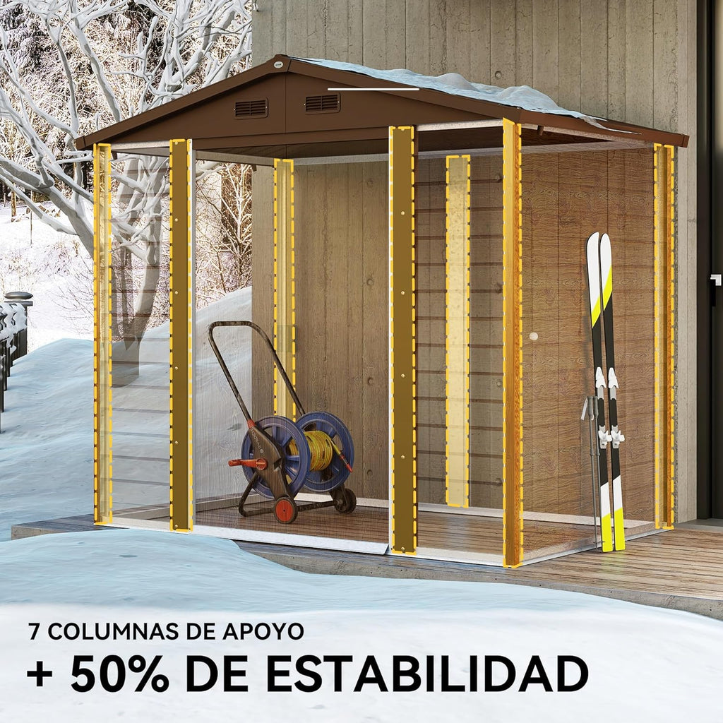 Outsunny Abrigo de Jardim Exterior 3 m² 235,7x152x208,7 cm Abrigo de Jardim Exterior Metálico com 2 Portas Deslizantes e 4 Janelas para Armazenamento de Ferramentas Efeito Madeira Natural e Café