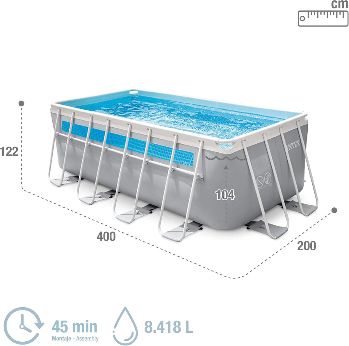 Piscina Retangular Desmontável Prism Frame Intex, 400x200x122 cm, Material de Camada Tripla, Capacidade 8.418 L, Janela Panorâmica, Forro, Cobertura, Filtro de Cartucho, Escada (56029)