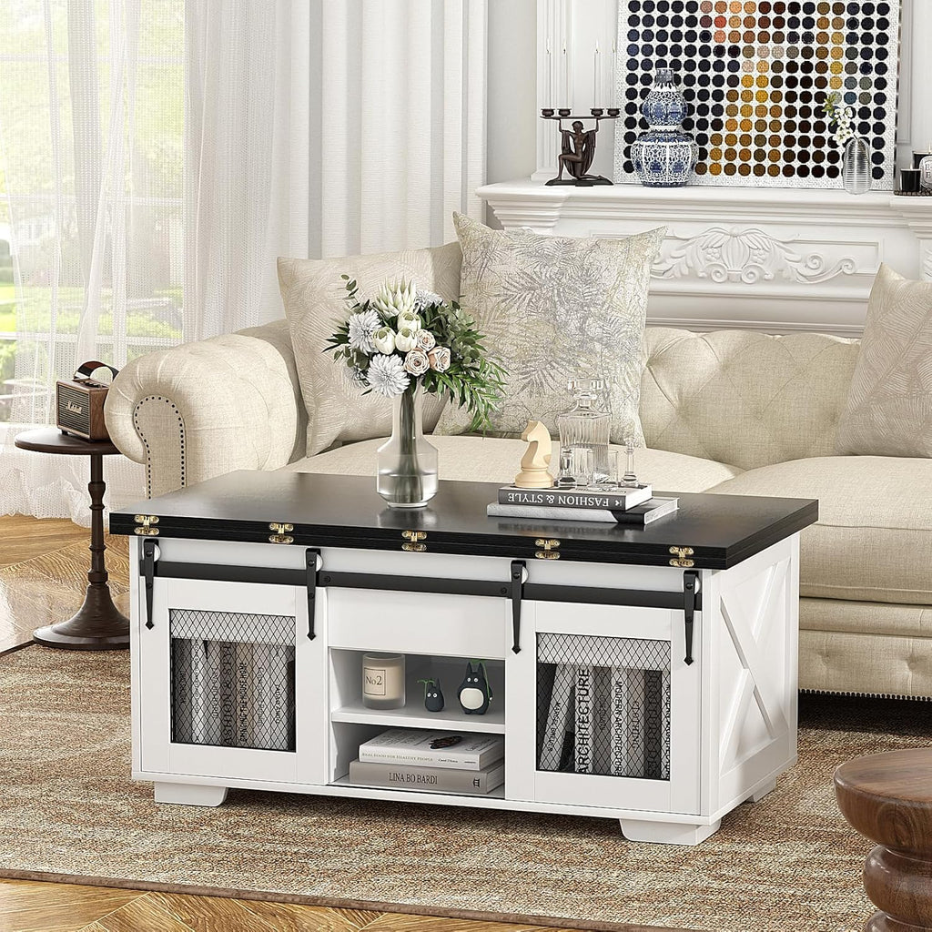 VOWNER Mesa de Centro Elevável, Mesa Extensível, Multifuncional 3 em 1 com Armazenamento Oculto - Sala de Jantar, Conversível, Estilo Fazenda, Nogueira