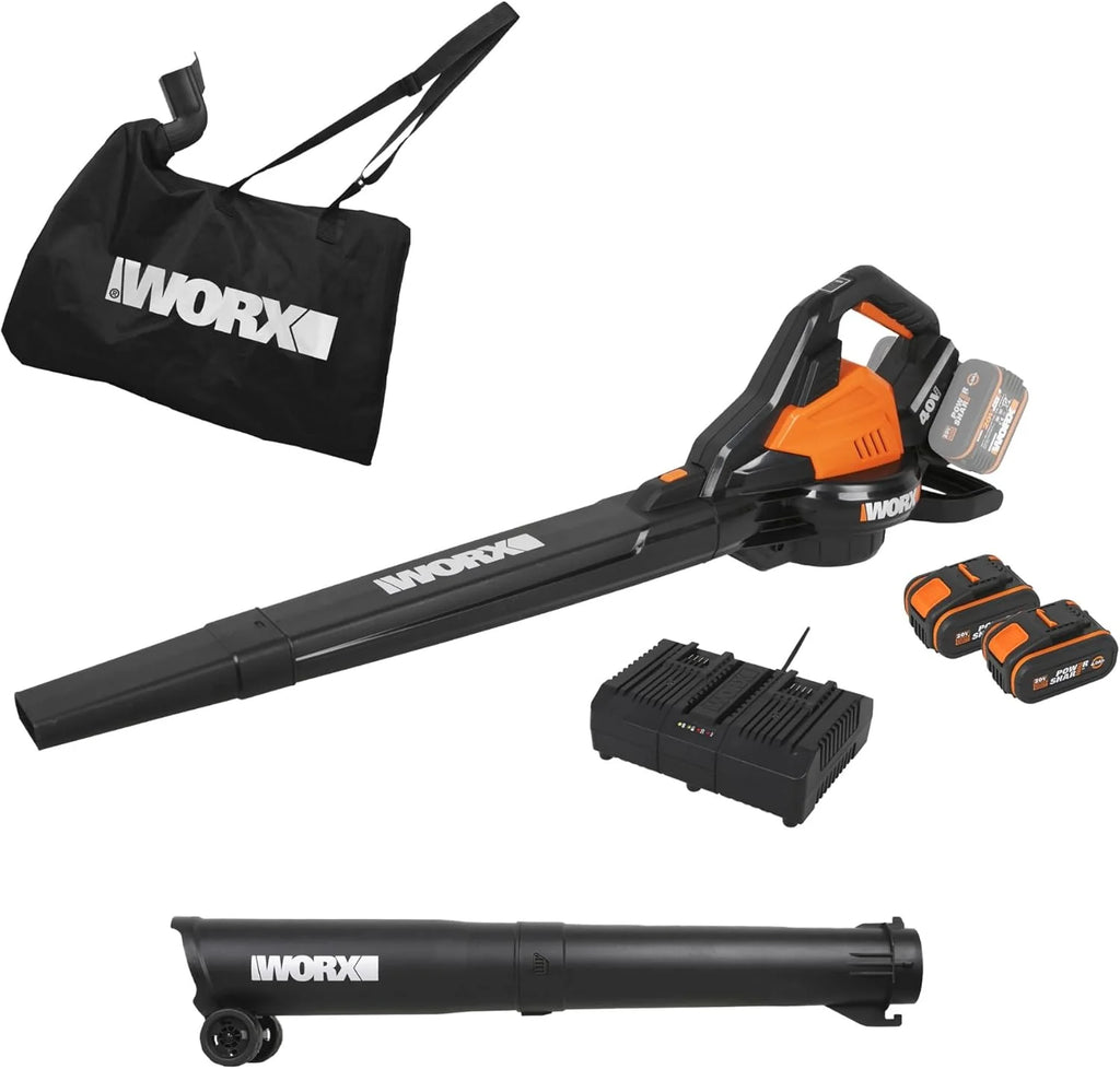 WORX Soprador e Aspirador de Folhas 40V Máx. 2x20V | WG583E | PowerShare | Inclui 2 Baterias e Carregador Duplo | 2 em 1 Sopra e Aspira – Saco de 35 L | Inclui Bocais | Leve