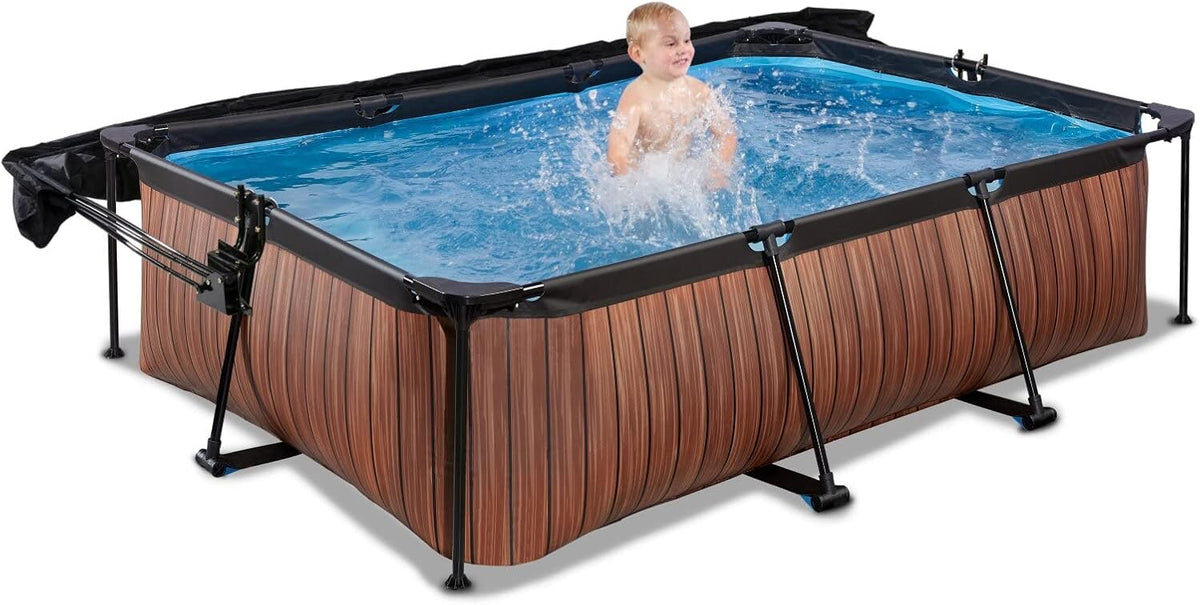 EXIT Toys Wood Pool com Toldo Solar - 220x150x65cm - Piscina de Estrutura Retangular Compacta com Bomba de Filtro de Cartucho - Proteção UV Ótima - Fácil Acesso - Design Exclusivo - Marrom