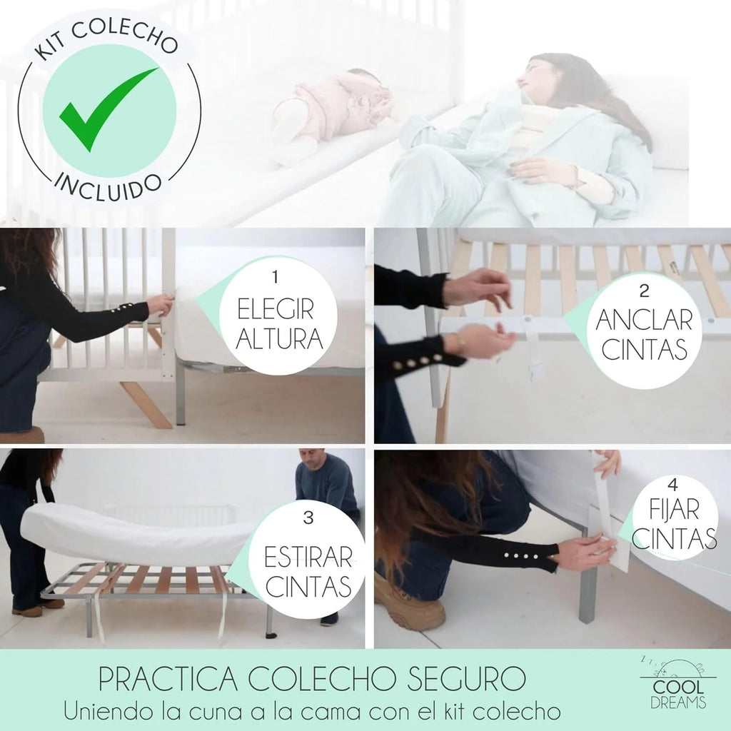 Cuna Co-Leito para Bebê, Kit para Unir a Cama com a Cama dos Pais, Colchão HR Morfeo Certificado Oeko-Tex® e CertiPUR, 4 Rodas, Lençol com Elástico e Lençol de Cima de Algodão Natural. Indi CoolDreams CoolDreams