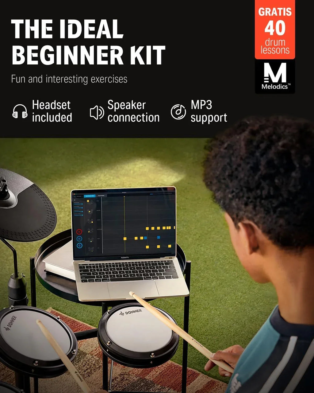 Bateria Eletrônica Musical Donner DED-80 de 7 Peças com Pads de Mesh, 180 Sons, Banco de Bateria, Fone de Ouvido, Baquetas, Presente de Natal de Aniversário para Crianças, 40 Aulas Melodics