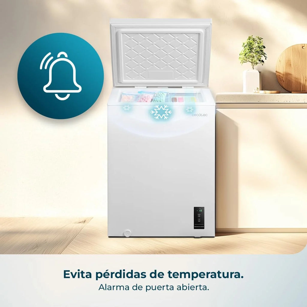 Cecotec Congelador Horizontal 143L Bolero CoolMarket Chest 143P Branco E. Cesto com Alças, Controlo Eletrónico LED, UltraContact D-Cool, Função Dupla, Porta ZeroG (80º-30º), Congelação Rápida, Compacto