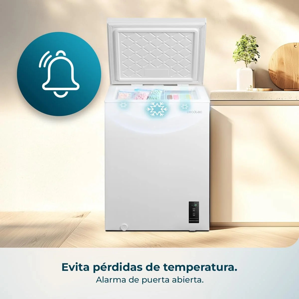 Cecotec Congelador Horizontal 143L Bolero CoolMarket Chest 143P Branco E. Cesto com Alças, Controlo Eletrónico LED, UltraContact D-Cool, Função Dupla, Porta ZeroG (80º-30º), Congelação Rápida, Compacto