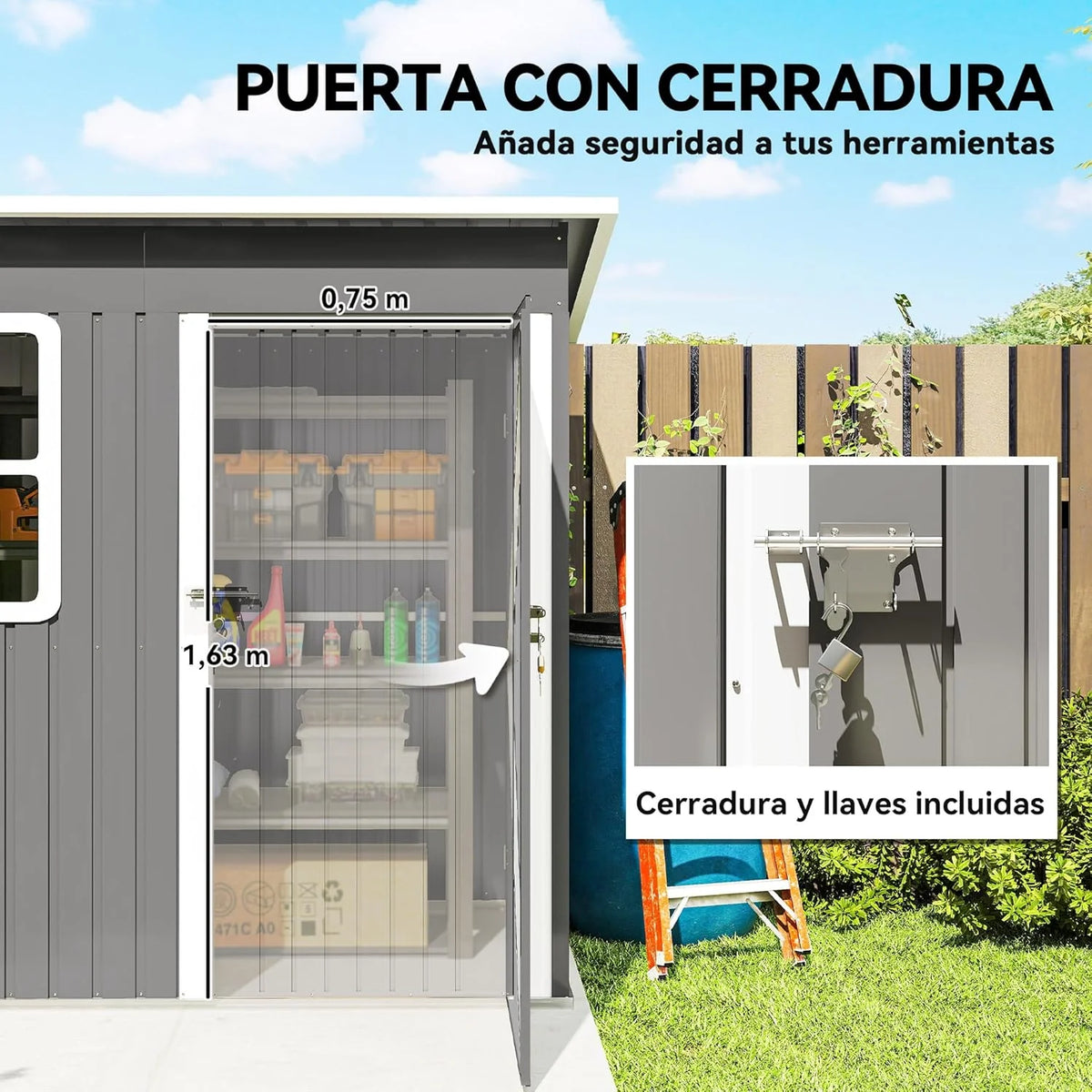 Outsunny Galpão de Armazenamento para Jardim Exterior, 2,55 m² 221x133x190 cm, Abrigo Metálico para Ferramentas com Janela, Porta com Fechadura e Ventilação, Cinza Escuro