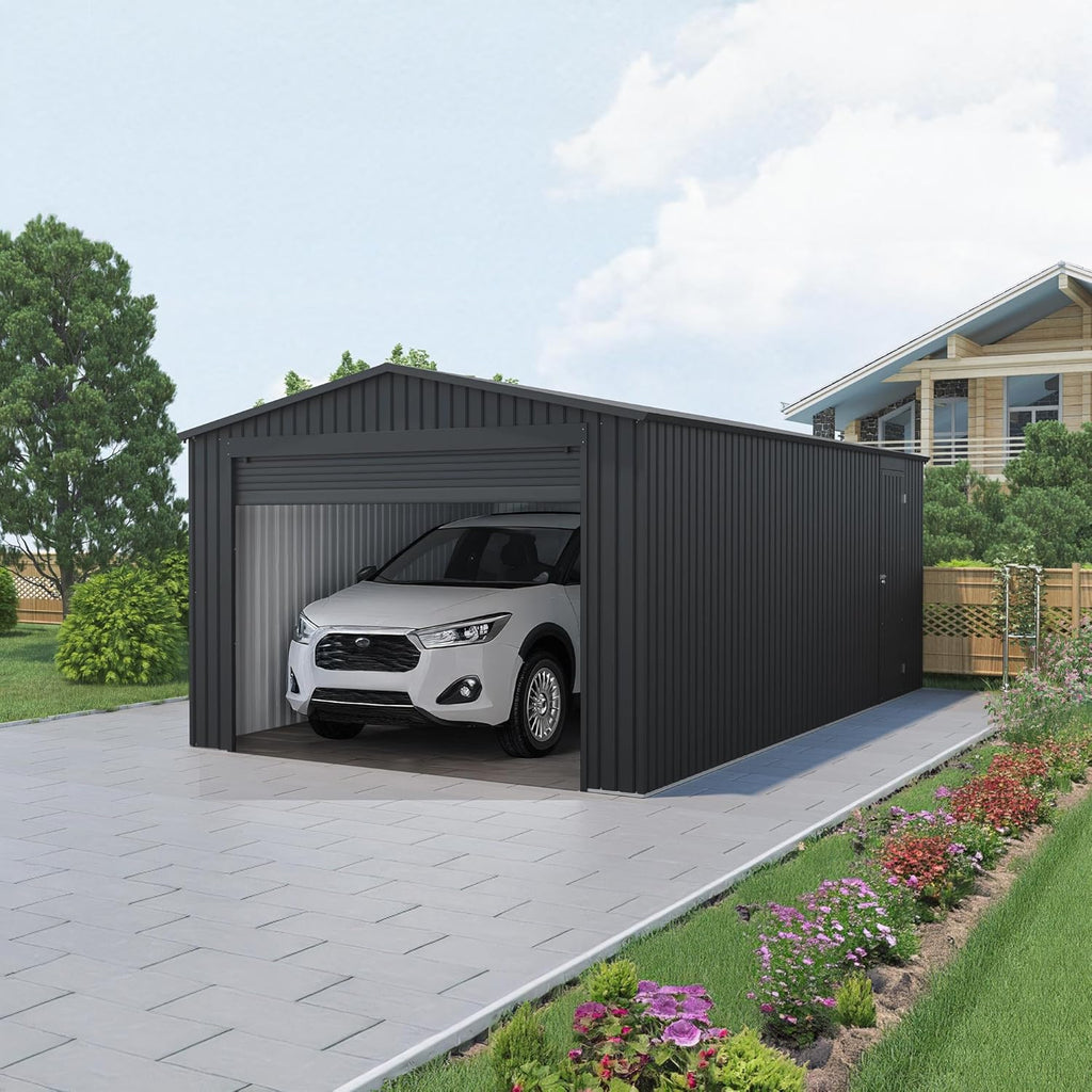 Wasabi - Garagem Metálica 19,52m2 Jarama – Portão Amplo Enrolável - Abrigo Exterior para Carros - Fecho de Segurança com Chave - Porta Lateral Pedonal - Garagem de Armazenamento para Jardim – 576x338x243cm
