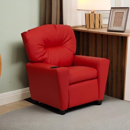Poltrona Reclinável Infantil Contemporânea Flash Furniture com Porta-Copos, Madeira, Vinil Bege, 66,04 x 53,34 x 53,34 cm