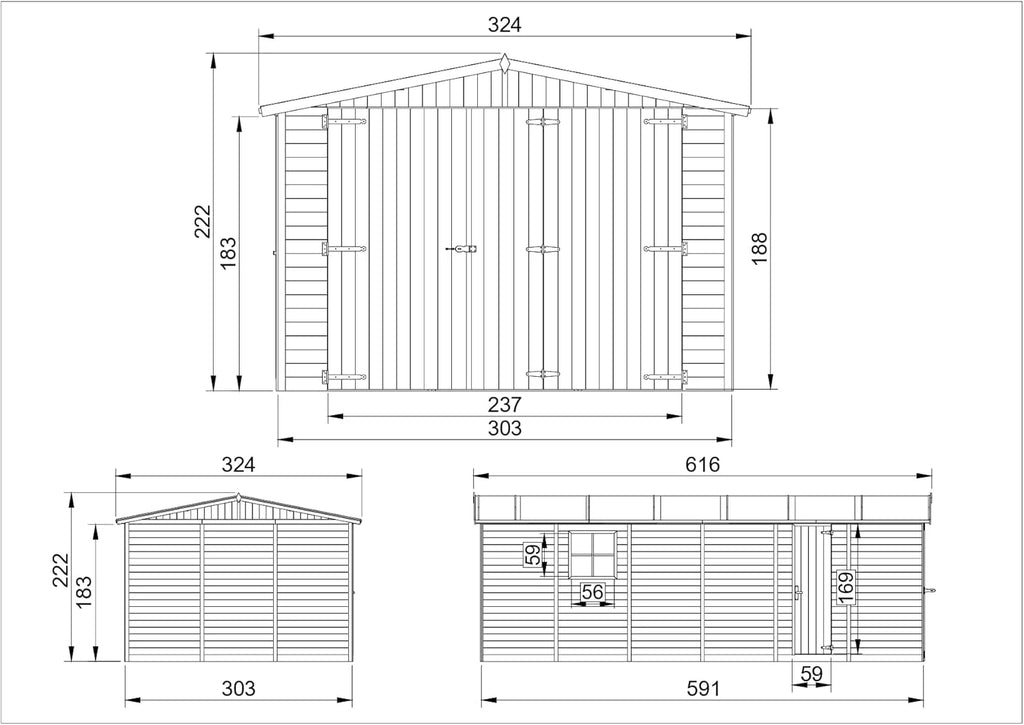 Garagem de Madeira Natural - galpão em Pinheiro/Abeto - A222x616x324 cm / 18 m² - Construção em Painéis - Oficina de jardinagem - Armazenamento de carros, galpão para Ferramentas-TIMBELA M102